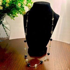 Trifari vintage gold-tone chain necklace/ black and clear beads/ 28” length